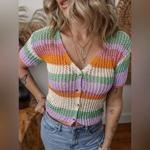 Rainbow Striped Crochet Button-Up Cardigan